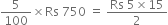 5 over 100 cross times Rs space 750 space equals space fraction numerator Rs space 5 cross times 15 over denominator 2 end fraction