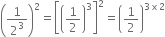 open parentheses 1 over 2 cubed close parentheses squared equals open square brackets open parentheses 1 half close parentheses cubed close square brackets squared equals open parentheses 1 half close parentheses to the power of 3 cross times 2 end exponent