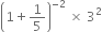 open parentheses 1 plus 1 fifth close parentheses to the power of negative 2 end exponent space cross times space 3 squared