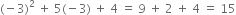 left parenthesis negative 3 right parenthesis squared space plus space 5 left parenthesis negative 3 right parenthesis space plus space 4 space equals space 9 space plus space 2 space plus space 4 space equals space 15