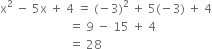 straight x squared space minus space 5 straight x space plus space 4 space equals space left parenthesis negative 3 right parenthesis squared space plus space 5 left parenthesis negative 3 right parenthesis space plus space 4
space space space space space space space space space space space space space space space space space space space space space space space equals space 9 space minus space 15 space plus space 4 space
space space space space space space space space space space space space space space space space space space space space space space space equals space 28