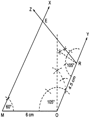 
Steps of construction:I.        Draw a line segment MO = 6 cm.II.