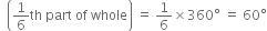 space space open parentheses 1 over 6 th space part space of space whole close parentheses space equals space 1 over 6 cross times 360 degree space equals space 60 degree