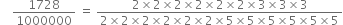 space space space space 1728 over 1000000 space equals space fraction numerator 2 cross times 2 cross times 2 cross times 2 cross times 2 cross times 2 cross times 3 cross times 3 cross times 3 over denominator 2 cross times 2 cross times 2 cross times 2 cross times 2 cross times 2 cross times 5 cross times 5 cross times 5 cross times 5 cross times 5 cross times 5 end fraction