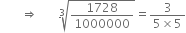 space space space space space space space rightwards double arrow space space space space space space space cube root of 1728 over 1000000 end root equals fraction numerator 3 over denominator 5 cross times 5 end fraction