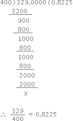 400 space right parenthesis space 329.0000 space left parenthesis space 0.8225
space space space space space space bottom enclose space space 3200 space space space end enclose
space space space space space space space space space space space space 900 space
space space space space space space space space space bottom enclose space space space 800 space space end enclose
space space space space space space space space space space space space 1000
space space space space space space space space space space space bottom enclose space space 800 space space end enclose
space space space space space space space space space space space space 1000
space space space space space space space space space space space bottom enclose space space 800 space space end enclose
space space space space space space space space space space space space space 2000
space space space space space space space space space space space bottom enclose space space 2000 space space end enclose
space space space space space space space space space space space space space space space space X
space space space space space space space space space space space space
therefore space space 329 over 400 space equals space 0.8225