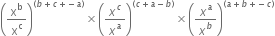 open parentheses straight x to the power of straight b over straight x to the power of straight c close parentheses to the power of left parenthesis b plus c plus negative a right parenthesis end exponent cross times open parentheses x to the power of c over x to the power of a close parentheses to the power of left parenthesis c plus a minus b right parenthesis end exponent cross times open parentheses x to the power of a over x to the power of b close parentheses to the power of left parenthesis a plus b plus negative c right parenthesis end exponent