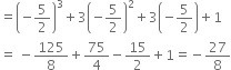 equals open parentheses negative 5 over 2 close parentheses cubed plus 3 open parentheses negative 5 over 2 close parentheses squared plus 3 open parentheses negative 5 over 2 close parentheses plus 1
equals space minus 125 over 8 plus 75 over 4 minus 15 over 2 plus 1 equals negative 27 over 8