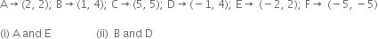 straight A rightwards arrow left parenthesis 2 comma space 2 right parenthesis semicolon space straight B rightwards arrow left parenthesis 1 comma space 4 right parenthesis semicolon space straight C rightwards arrow left parenthesis 5 comma space 5 right parenthesis semicolon space straight D rightwards arrow left parenthesis negative 1 comma space 4 right parenthesis semicolon space straight E rightwards arrow space left parenthesis negative 2 comma space 2 right parenthesis semicolon space straight F rightwards arrow space left parenthesis negative 5 comma space minus 5 right parenthesis

left parenthesis straight i right parenthesis space straight A space and space straight E space space space space space space space space space space space space space space space space space left parenthesis ii right parenthesis space space straight B space and space straight D