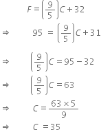 space space space space space space space space space space space space space F equals open parentheses 9 over 5 close parentheses C plus 32
rightwards double arrow space space space space space space space space space space 95 space equals space open parentheses 9 over 5 close parentheses C plus 31

rightwards double arrow space space space space space space space space space open parentheses 9 over 5 close parentheses C equals 95 minus 32
rightwards double arrow space space space space space space space space space open parentheses 9 over 5 close parentheses C equals 63
rightwards double arrow space space space space space space space space space space C equals fraction numerator 63 cross times 5 over denominator 9 end fraction
rightwards double arrow space space space space space space space space space space C space equals 35