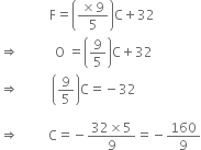 space space space space space space space space space space space space space space space straight F equals open parentheses fraction numerator cross times 9 over denominator 5 end fraction close parentheses straight C plus 32
rightwards double arrow space space space space space space space space space space space straight O space equals open parentheses 9 over 5 close parentheses straight C plus 32
rightwards double arrow space space space space space space space space space space open parentheses 9 over 5 close parentheses straight C equals negative 32

rightwards double arrow space space space space space space space space space straight C equals negative fraction numerator 32 cross times 5 over denominator 9 end fraction equals negative 160 over 9
