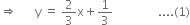 rightwards double arrow space space space space space space straight y space equals space 2 over 3 straight x plus 1 third space space space space space space space space space space space space space space space.... left parenthesis 1 right parenthesis