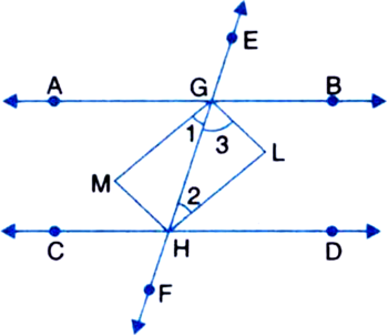 
Given: Two parallel lines AB and CD are intersected by a transversal 