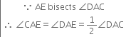 left enclose table row cell because space AE space bisects space angle DAC end cell row cell therefore space angle CAE equals angle DAE equals 1 half angle DAC end cell end table end enclose