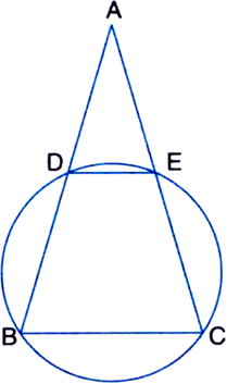 
Given: ABC is an isosceles triangle with AB = AC. A circle through B 