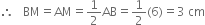 therefore space space space BM equals AM equals 1 half AB equals 1 half left parenthesis 6 right parenthesis equals 3 space cm
