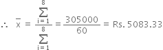 therefore space space space top enclose straight x space equals space fraction numerator begin display style sum from straight i equals 1 to 8 of end style over denominator begin display style sum from straight i equals 1 to 8 of end style end fraction equals 305000 over 60 equals space Rs. space 5083.33