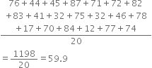 fraction numerator table row cell 76 plus 44 plus 45 plus 87 plus 71 plus 72 plus 82 end cell row cell plus 83 plus 41 plus 32 plus 75 plus 32 plus 46 plus 78 end cell row cell plus 17 plus 70 plus 84 plus 12 plus 77 plus 74 end cell end table over denominator 20 end fraction
equals 1198 over 20 equals 59.9