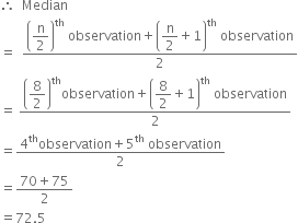 therefore space space Median
equals space space fraction numerator open parentheses begin display style straight n over 2 end style close parentheses to the power of th space observation plus open parentheses begin display style straight n over 2 end style plus 1 close parentheses to the power of th space observation over denominator 2 end fraction
equals space fraction numerator open parentheses begin display style 8 over 2 end style close parentheses to the power of th observation plus open parentheses begin display style 8 over 2 end style plus 1 close parentheses to the power of th space observation over denominator 2 end fraction
equals fraction numerator 4 to the power of th observation plus 5 to the power of th space observation over denominator 2 end fraction
equals fraction numerator 70 plus 75 over denominator 2 end fraction
equals 72.5