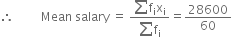 therefore space space space space space space space space space Mean space salary space equals space fraction numerator sum straight f subscript straight i straight x subscript straight i over denominator sum straight f subscript straight i end fraction equals 28600 over 60