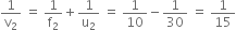 1 over straight v subscript 2 space equals space 1 over straight f subscript 2 plus 1 over straight u subscript 2 space equals space 1 over 10 minus 1 over 30 space equals space 1 over 15
