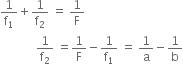 1 over straight f subscript 1 plus 1 over straight f subscript 2 space equals space 1 over straight F
space space space space space space space space space space space space 1 over straight f subscript 2 space equals 1 over straight F minus 1 over straight f subscript 1 space equals space 1 over straight a minus 1 over straight b