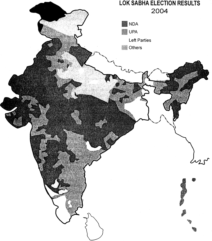 Look at the map given below and answer the questions that follow :
(i) In 2004 elections how many seats were won by BJP and Congress ?
(ii) Which government came to power in 2004 and how ?
(iii) What was the difference of elections results with the earlier election results for the Congress ?