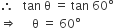 therefore space space space tan space straight theta space equals space tan space 60 degree
rightwards double arrow space space space space space straight theta space equals space 60 degree