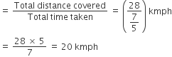 equals space fraction numerator Total space distance space covered over denominator Total space time space taken end fraction space equals space open parentheses fraction numerator 28 over denominator begin display style 7 over 5 end style end fraction close parentheses space kmph
equals space fraction numerator 28 space cross times space 5 over denominator 7 end fraction space equals space 20 space kmph