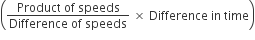 open parentheses fraction numerator Product space of space speeds over denominator Difference space of space speeds end fraction space cross times space Difference space in space time close parentheses