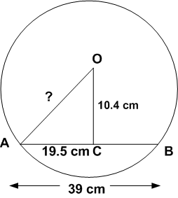 A chord of length 39 cm is at a distance of 10.4 cm from the centre of