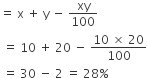 equals space straight x space plus space straight y space minus space xy over 100
space equals space 10 space plus space 20 space minus space fraction numerator 10 space cross times space 20 over denominator 100 end fraction
space equals space 30 space minus space 2 space equals space 28 percent sign