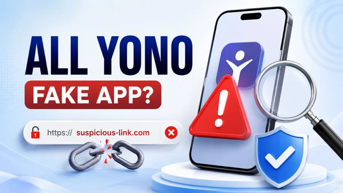 All Yono fake app awareness image showing a mobile phone, browser link, shield, and warning symbol